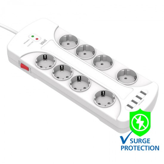 Πολύπριζο Well 8x Schuko και 4x USB με Διακόπτη 3m/3g1.5 με προστασία EXTS-8S3M-PROT/USB4-WL