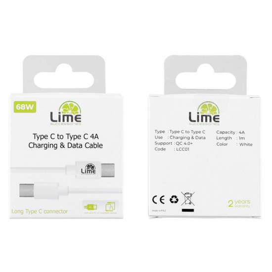 Καλώδιο Type C Long σε USB-C Type C Long 4.0A Φόρτισης - Data 1m Λευκό LCC01 Lime