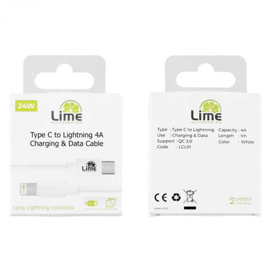 Καλώδιο Type C Long σε Lightning Long 4.0A Φόρτισης - Data 1m Λευκό LCL01 Lime