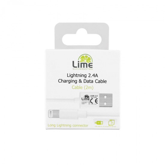 Καλώδιο Lightning Long USB 2.4A Φόρτισης - Data 2m Λευκό LULO2 Lime